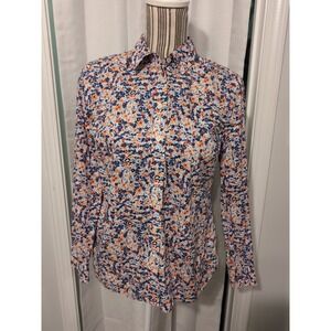 Talbots Button Up Floral Long Sleeve Top Sz Small Petite Blue Pink Orange-Cotton